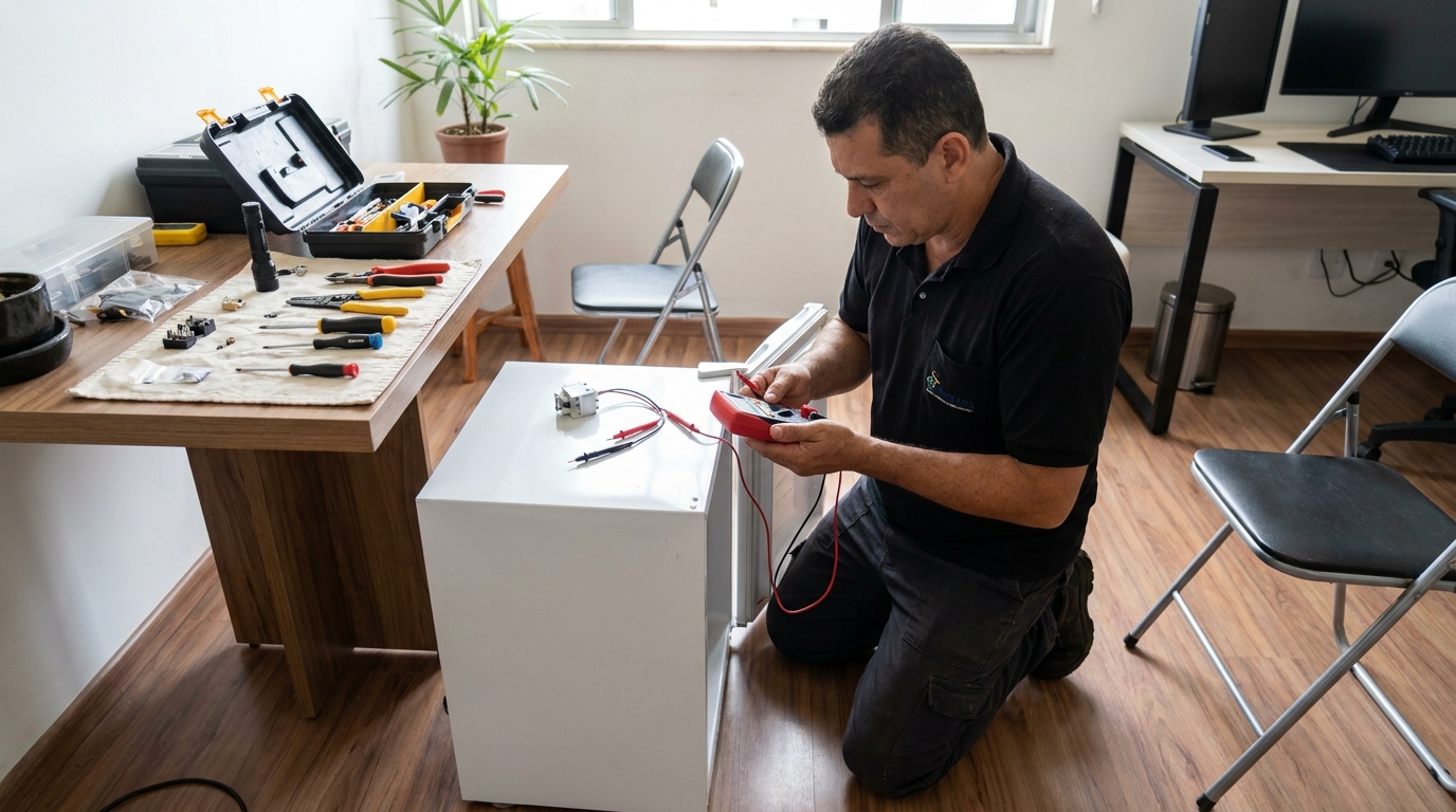 Reparo da placa eletrônica de frigobar no Flexal, Serra‑ES