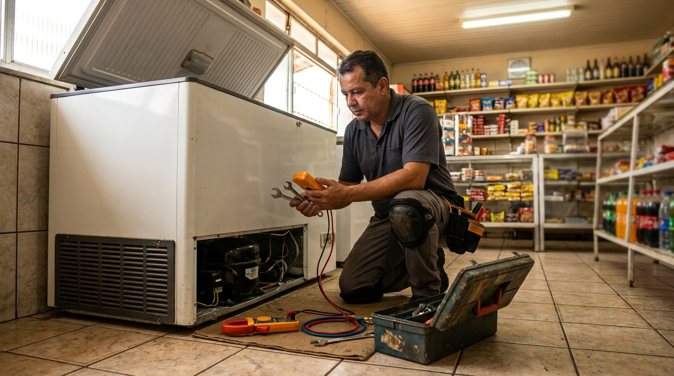 Profissional executando manutenção no motor de freezer na Morada do Sol, Serra‑ES