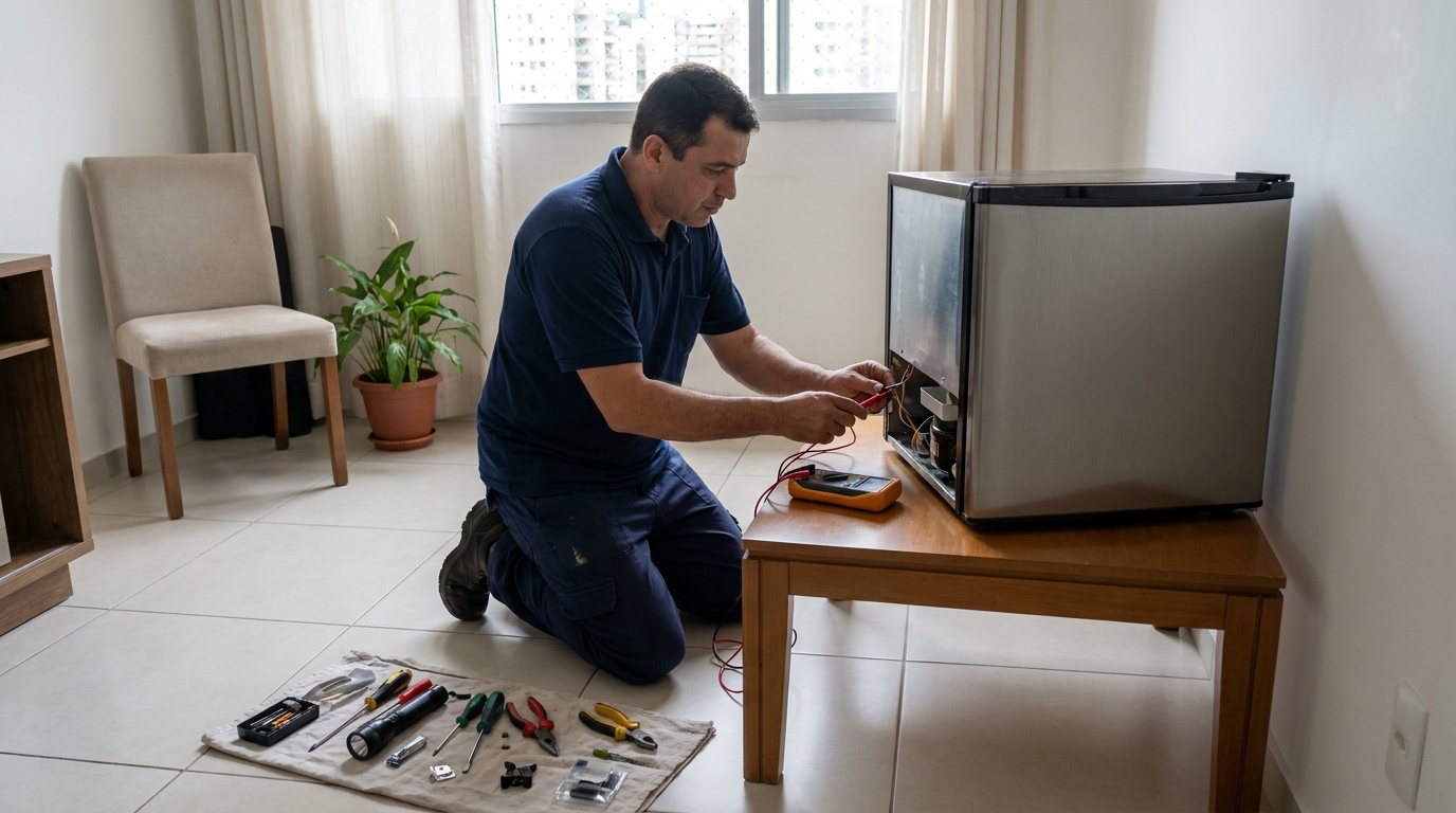 Técnico fazendo manutenção do motor de frigobar no Flexal, Serra‑ES