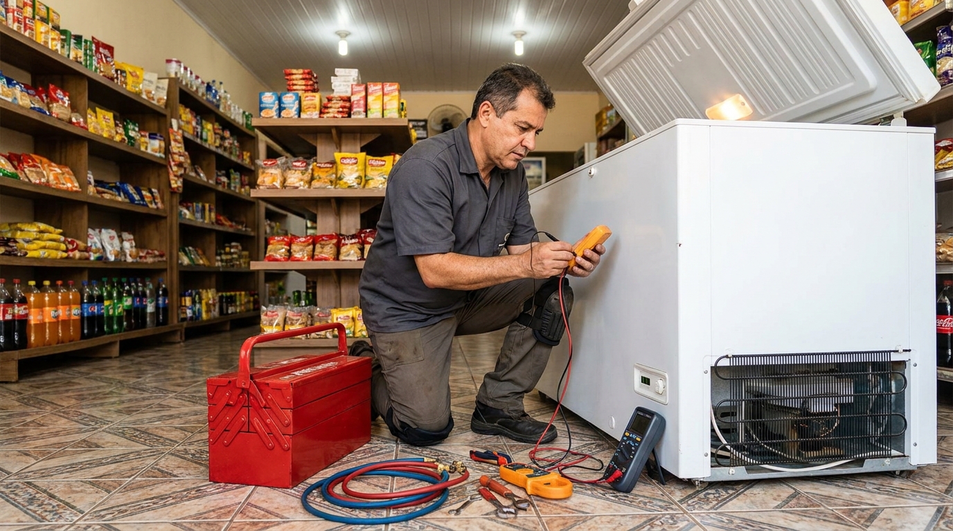 Recarga de gás refrigerante no freezer durante atendimento na Morada do Sol, Serra‑ES