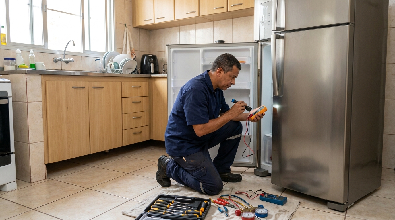 Técnico aplicando recarga de gás refrigerante em geladeira em Barcelona, Serra‑ES