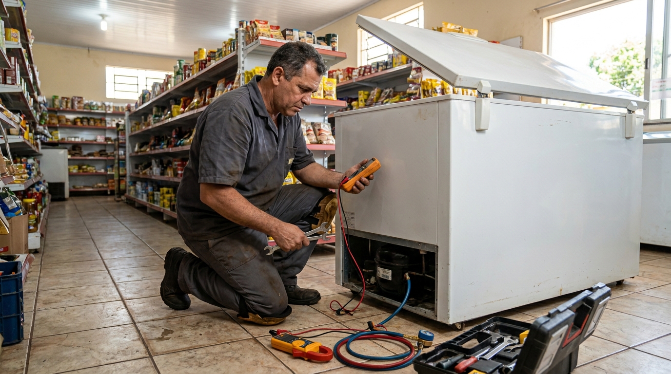 Substituição de termostato de freezer em visita técnica na Morada do Sol, Serra‑ES